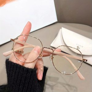 1pc of Women'S Elegant Round Frame Glasses - Golden And Beige Metal, Full Rim Design, Suitable for Daily Computer, Gaming And Mobile Phone Use